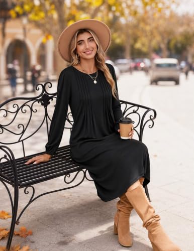 Image of Zeagoo Fall Dresses for Women Long Sleeve Midi Dress Casual A Line Dresses 2026 Pleated Flare Dress with Pockets