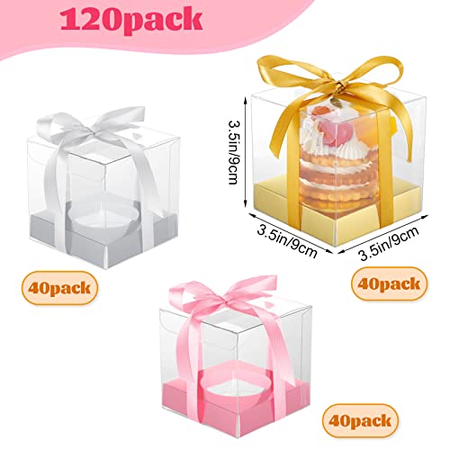 Didaey 120 Pcs Individual Clear Plastic Cupcake Boxes 3.5 Inch Single Cake Containers Bulk Disposable Cupcake Dessert Carrier Holder With Insert And Ribbon For Wedding Birthday, Gold Silver And Pink #TOP1