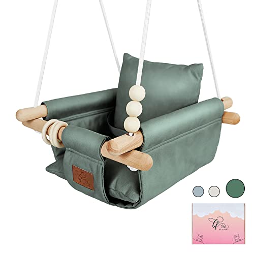 Image of The Classy Leather Swing Seat for Baby’s Happiness & Growth - UV Resistant Leather for Indoor and Temporary Outdoor - Infant to Toddler - Seat with Velcro & Belt - Ceiling Hardware - Gift for Lover