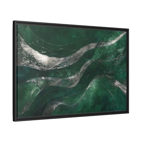 Toile abstraite verte cadre noir pour valoriser un meuble de salon bas