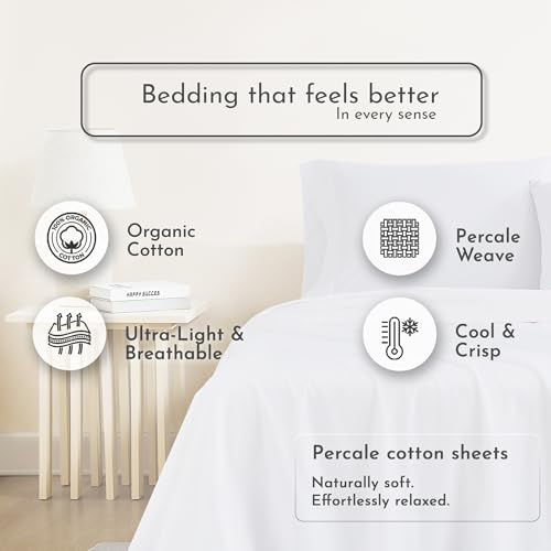 Image of Linen Closet 100% Organic Cotton Queen Sheets Set, 4 Pieces, Arctic White - Percale Bed Sheets & Pillowcases Set - Up To 16 inch Deep Pocket Fitted Sheet - Cooling, Crisp & Breathable - For Hot Sleepers