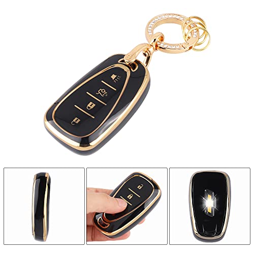 Carfib Key Fob Cover For Chevy Chevrolet Accessories Blazer Bolt Ev Equinox Malibu Camaro Spark Trailblazer Traverse 2022 2021 2020 2019 Key Case Holder Car Remote Key Chain Ring Women Tpu Black Gold #TOP3