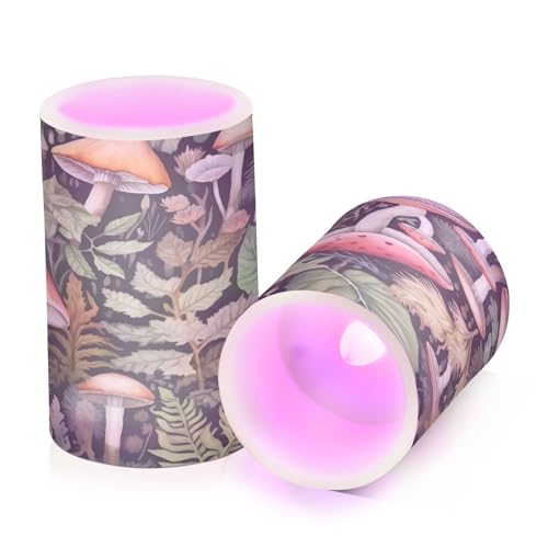 Kigai Watercolor Mushrooms Flameless Candles with Remote Control and Timer,Battery Operated LED Pillar Candles Adjustable Brightness for Ourdoor Indoor Use,Home Decor,2 Pack