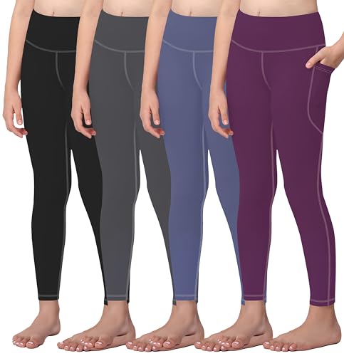 AENLLEY Girls Activewear Leggings with 2 Pockets - Kids Dance Workout Yoga Pants for Athletic Pack of 4