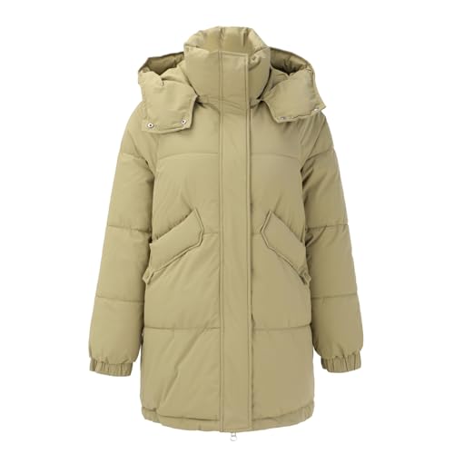 Image of Women's Lightweight Quilted Coat with Hood, Puffer Jacket, Stand-Up Collar, Bread Coat, Quilted Cotton Jacket, Down Look, Winter Jacket, Windproof, Warm, Transition Jacket, Medium Length, Work Jacket,