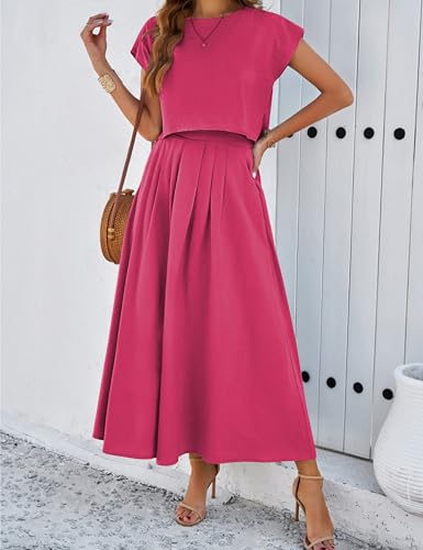 Image of HangNiFang Summer Skirt Sets Women 2 Piece Outfits Cap Sleeve Top Elastic Waist Maxi Dress Sets with Pockets