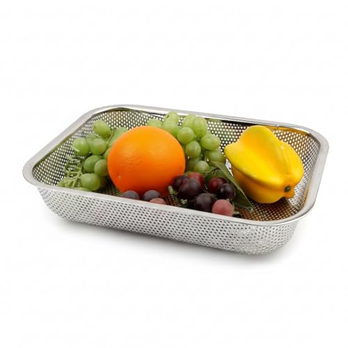 Image of Stainless Steel Sink Colander Strainer Basket, Rectangular Kitchen Drain Tray for Fruit & Vegetable Washing, Rust Proof Metal Mesh Rinsing Basket for Home Kitchen Use