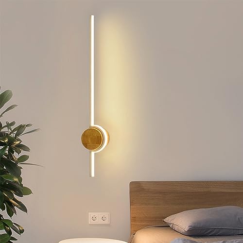 Biała liniowa lampa ścienna z drewnianą podstawą, do sypialni, salonu, łazienki i przedpokoju (77 cm)