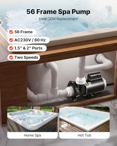 Image of VEVOR SPA Pump 2HP Hot Tub Pump 2 Speed 56 Frame with 1.5 inch & 2 inch Port, 230V, 168 GPM High Speed & 68 GPM Low Speed, 90 Rotational Interface, SPA Bath Water Circulation, Compatible with OEM Models
