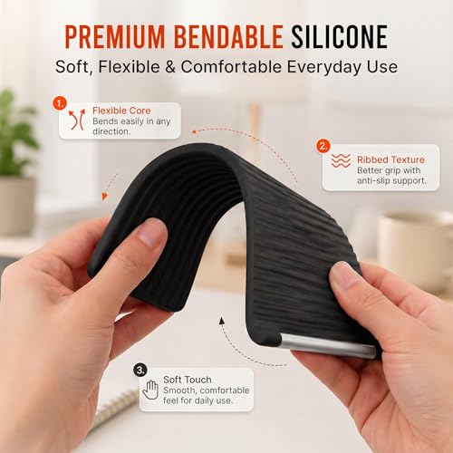Image of Questsole Flexible Silicone Phone Stand, Foldable Rollable Mobile Holder with Aluminum Core, Multi-Angle Adjustable Desk Stand for Phone, Tablet, iPad, Laptop, Travel-Ready (Black)