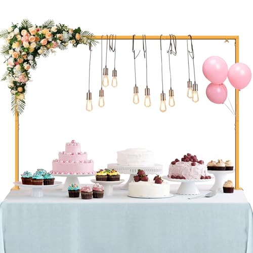 Over The Table Rod Stand with Clamps, Adjustable Table Arch 27"-42" Tall, 46"-102" Length, Flower and Balloon Arch Stand for Wedding, Party, Birthday, Christmas, Halloween Decorations, Gold