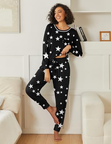 Image of Ekouaer 2 Pack Womens Pajama Sets Long Sleeve Lounge Sets Soft Pj Sleepwear Loungewear