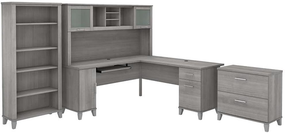 UrbanPro 72W L Shaped Desk Set with Hutch, Storage, File Cabinet & Bookcase, Engineered Wood in Gray, Pull-Out Tray, Frosted Glass Doors, Adjustable Shelves, Home Office Furniture