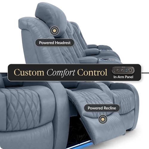Image of Seatcraft Diamante Home Theater Seating Smokey Blue Row of 3 Sofa | Italian Leather, Wall Hugger, Zero Gravity, Powered Headrest, Power Recline, Zero Gap, USB charging