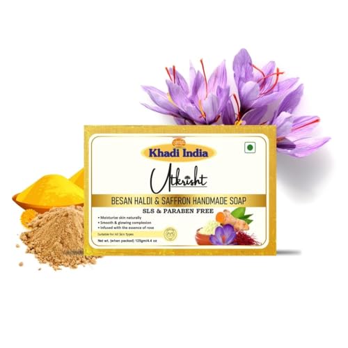 Image of Khadi Besan Haldi & Saffron Handmade Bathing Soap Bar 125g | Natural & Herbal | Moisturizing, Glowing & Brightening Skin | For Acne & Pimples | All Skin Types | For Men & Women