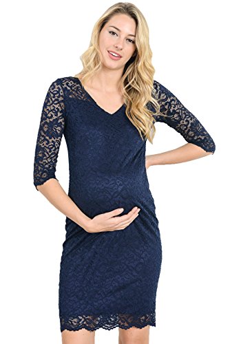 Hello Miz Womens Maternity Floral Lace Knee Length Bodycon Dress (Large, Navy)