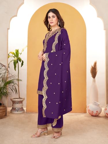 Image of Pratham Blue Kurta Set for Women Silk Embroidered Straight Kurta Set for Women with Palazzos and Dupatta