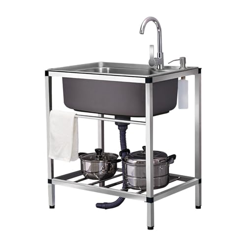 Fregadero Portatil Camping,Fregadero de Cocina Comercial con Banco de Trabajo, Fregadero de Acero Inoxidable Independiente Con Agua Fria y Caliente Grifo,para Garaje, Jardín, Cocina, Lavadero (Size :