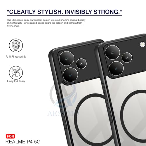 Image of AESTMO Realme P4 5G Back Cover | 360 Protection | Crystal Clear Hard Back Transparent | Compatible with MagSafe Accessories (PC+TPU, Black Bumper)