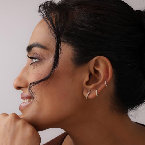 Image of TRUESILVER ACPL 925 Sterling Silver BIS Hallmarked CZ Huggie Hoop Earrings for Women & Girls | Hypoallergenic Small Sleeper Hoop Earrings | Minimal Daily Wear Silver Hoops 8MM 10MM 12MM