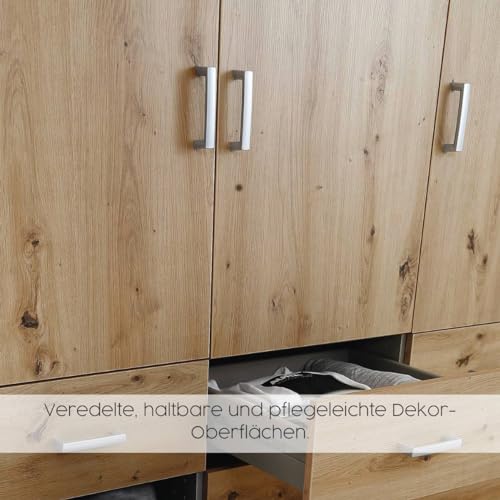 Rauch Möbel Voyager, Kleiderschrank für Schlafzimmer, Kinderzimmer, Babyzimmer, Jugendzimmer, Flur, 4-türig, 4 Schubladen, mit Zubehör Basic, Farbe Grau metallic, Schwarz, Breite 187cm