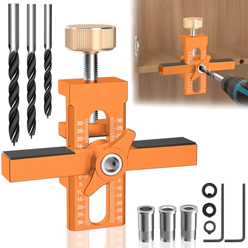 BURMONG Cabinet Door Installation Jig, 2-in-1 Cabinet Door Mounting Jig with Adjustable Positioner, Aluminium Alloy Versatile Cabinet Door Positioning Tool for Most Cabinet Doors(with 3 Drill Bits)