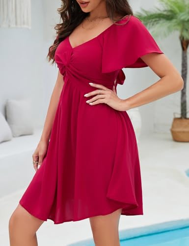 Image of Florboom Women's Sweetheart Knot Front Dress Flutter Sleeve Tie Back A-Line Chiffon Mini Dresses