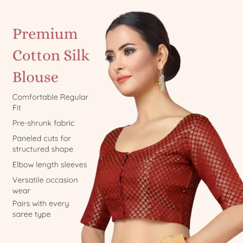 Image of Studio Shringaar Women's Zari Brocade Stitched Elbow Length Sleeves Saree Blouse
