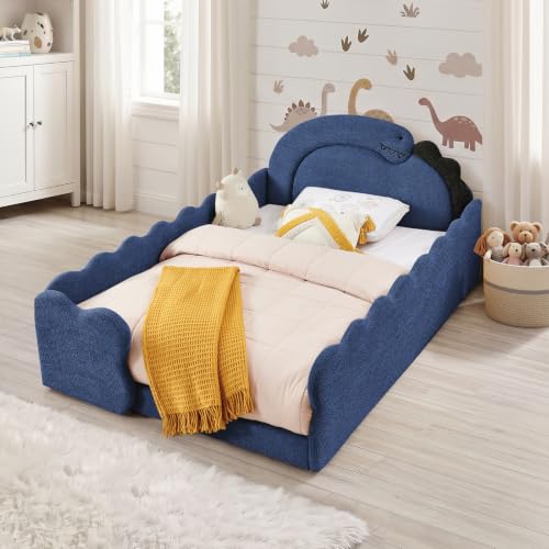 Image of Full Size Kids Bed with Dinosaur Headboard, Upholstered Boucle Fabric Twin Daybed with Slats Support & Side Pocket, Space-Saving Wooden Corner Sofa Couch Day Bed Frame for Girl, Boy, Teenager(Blue)