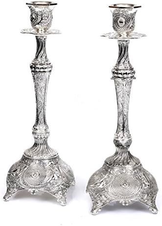 Quality Judaica Silver Plated Shabbat Candlesticks with Detailed Filigree Design, Highly Polished Modern Design, 12"