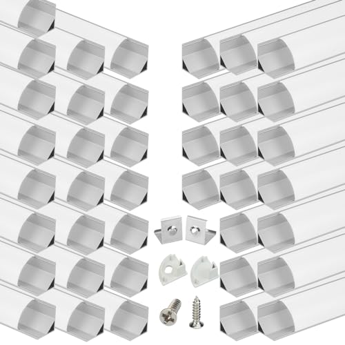 Muzata 40Pack 3.3FT/1M V Shape LED Channel Silver Aluminum LED Strip Diffuser Channel with Milky White Cover Frosted Corner Lighting Easy Installation V1SW WW 1M