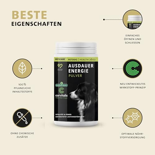 Peticare Ergänzungsfutter für sportliche Hunde | Unterstützendes Pulver für Ausdauer & Vitalität | Mit Kollagen & Omega-3, für Gelenk-Gesundheit, Muskel-Regeneration | petDog Health 2602