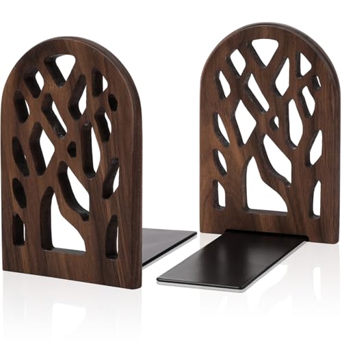 MOUNTCLIM 2 Pieces Wood Tree Book Ends for Shelves, Non-Skid Bookends Large Heavy Duty Bookend Book Holders for Heavy Books Decorative Book Accessories to Hold Books Firmly on Bookshelf