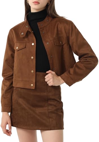 Babalet Womens Cropped Jacket Button Down Faux Suede Short Bomber Jacket Long Sleeve Varsity Jacket Casual Shacket Jackets