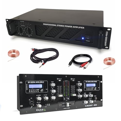 Ibiza - Pack Sono DJ Ampli Ibiza Sound AMP2000-MKII 3000W - Table Mixage Bluetooth DJM250BT-MKII RCA XLR - Câbles RCA Jack enceintes inclus