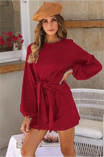 Image of PRETTYGARDEN Womens Spring Elegant Long Lantern Sleeve Short Dress Wedding Guest Crewneck Tie Waist Knit Cocktail Dresses