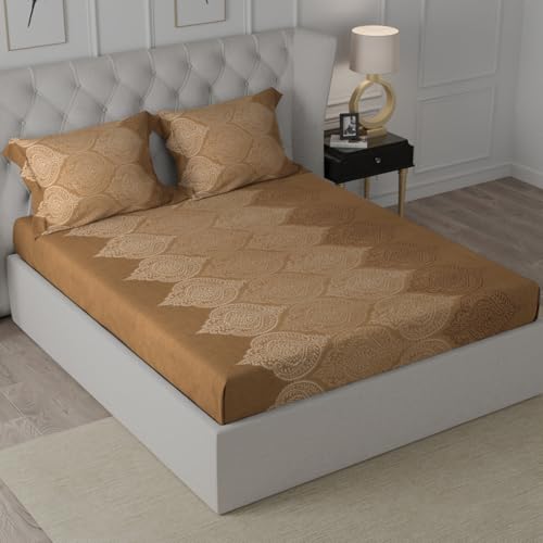 Image of Cloth Fusion Glace Cotton Elastic Fitted Bedsheet Queen Size for Double Bed with 2 Pillow Covers (78X60 inches,Ogee Brown)