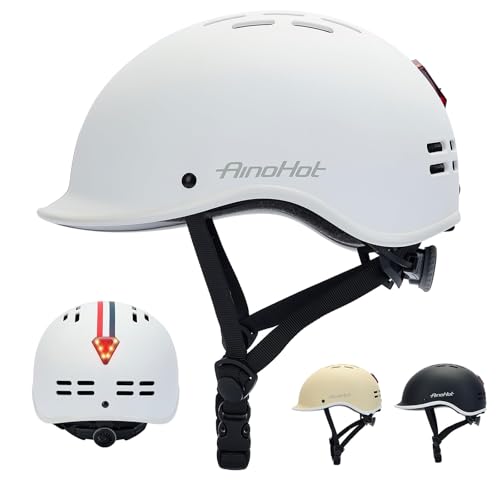 自転車ヘルメット 大人用 LEDライト内蔵 58-62cm 18個エアホール 軽量 耐衝撃 高剛性 アジャスト機能 アゴパッド サンバイザー付き 男女兼用 CE認証 スポーツ ロードバイク用 (ホワイト, M)