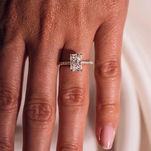 3CT 925 Sterling Silver Engagement Rings Radiant Cut AAAAA Cubic Zirconia CZ Wedding Promise Bands For Women Solitaire Simulated Diamond Silver/Gold Size 5-104