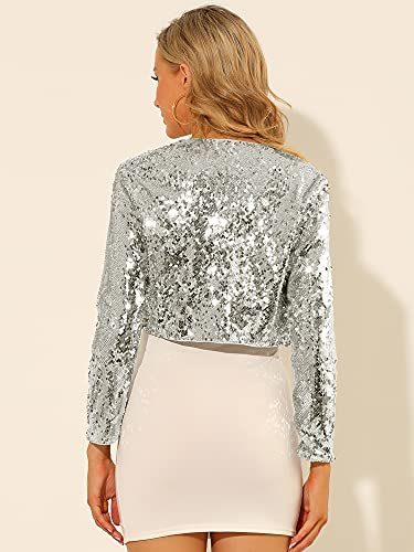 Allegra K Women's Sequin Jacket Party Long Sleeve Open Front Crop Cardigan Bolero Shrug Medium Silver #TOP4