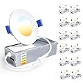 Ensenior 12 Pack 3 Inch LED Recessed Ceiling Light, Dimmable, 2700K-5000K 5CCT, 500LM 6W 120V, High Brightness Canless Wafer Downlight - ETL&FCC&IC