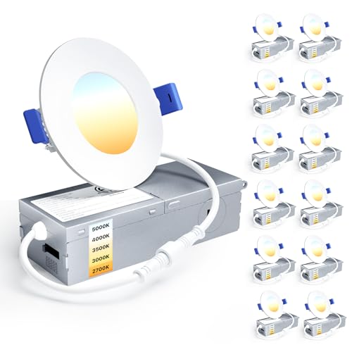 Ensenior 12 Pack 3 Inch LED Recessed Ceiling Light Dimmable 2700K-5000K 5CCT 500LM 6W 120V High Brightness Canless Wafer Downlight - ETL&FCC&IC