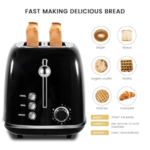 2 Slice Toaster Retro Stainless Steel with Bagel Cancel and Defrost Functions 6 Bread Shade Settings Extra Wide Slots and Removable Crumb Tray Black