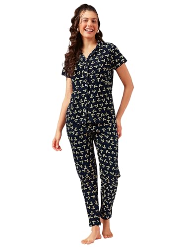 Image of Clovia Women's Cotton Printed Button Down Shirt & Pyjama Night Suit Set