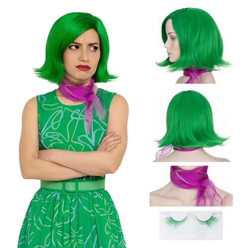 MY-LADY Short Green Bob Wig with Scarf, False Eyelashes, Wig Cap for Women Adult Cosplay Costume Halloween Party Straight Synthetic Hair
