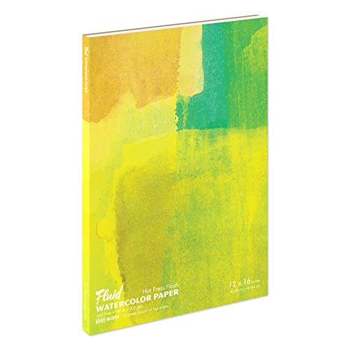 Fluid Watercolor Paper Block, 12 x 16 inches, 15 White Sheets, 140 lb (300 GSM) Hot Press Pad for Artist Painting and Wet Media