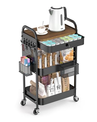 Image of ALVOROG Rolling Cart with Drawer and Wood Table Top, 3 Tier Metal Rolling Utility Cart on Wheels with DIY Pegboards, Hanging Baskets, Hooks for Bedroom,Office,Craft Supplies (Black)