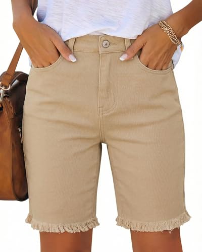 Utyful Womens Shorts with Pockets Bermuda Jean Shorts for Women High Waisted Denim Jorts Khaki Large Fits US Size 12 to 14