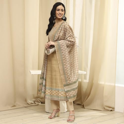 Image of BIBA Women Beige Cotton Machine Embroidered Unstitched Suit Set