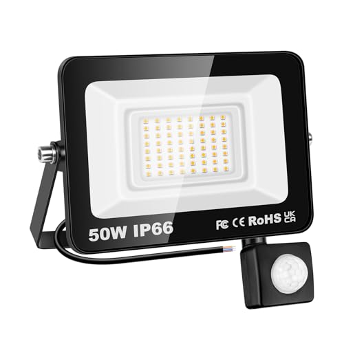 Willpower Foco LED Exterior 50W Proyector LED con Detector de Movimiento Impermeable IP66 Luces LED Exterior 3500K Bianco Caldo Luz de Inundación Seguridad para Garaje Patio Jardín Terraza Parque